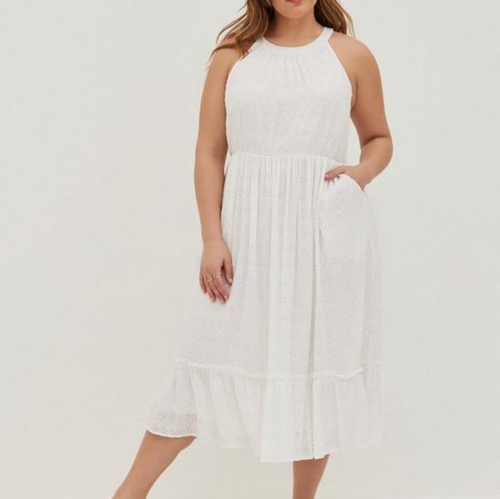 Torrid Halter Ruffle Tiered Midi Dress - Voile Eyelet White Size 1, XL